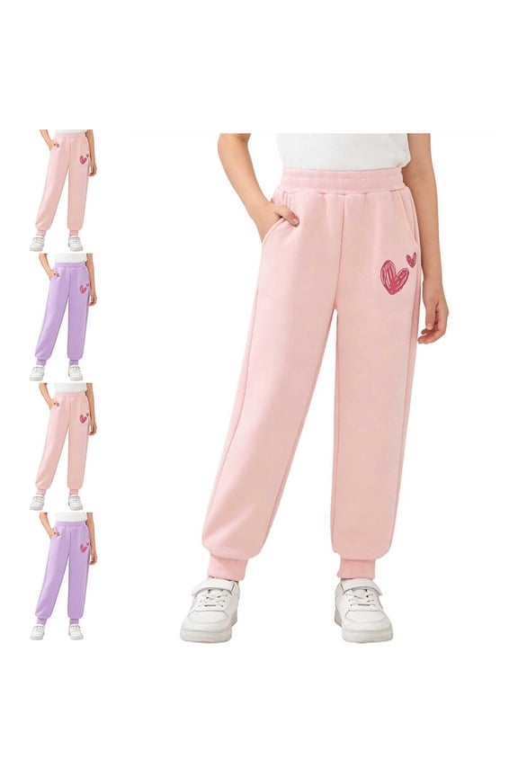 Girls Graphic Sweatpants Sweet Heart Printed Stretch Knit Active Performance Track Jogger Pants with Pockets Size 3-13 Years Pink Size 11