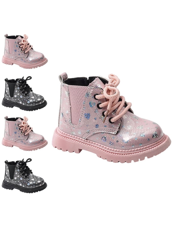 Girls' Heart Pattern Martin Boots Shiny Patent Leather Dress Short Boots for Toddlers Kids Size 6.5 Toddler - 12 Little Kid Pink Size 7 Toddler