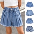 thumbnail image 1 of Afuyipoi ​Girls Heart Print Denim Shorts（2-12 Years）, Kids Fashion Cute Lace Trim Jeans with Pockets for Summer Casual Wear Blue Size 4T, 1 of 8