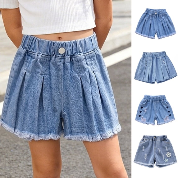Afuyipoi Girls Heart Print Denim Shorts(2-12 Years), Kids Fashion Cute Lace Trim Jeans with Pockets for Summer Casual Wear Blue Size 4T