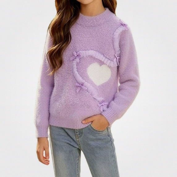 Afuyipoi Girls Heart Print Long Sleeve Pullover Sweater for Kids Size 3-13Y Winter Warm Casual Wear Purple Size 11