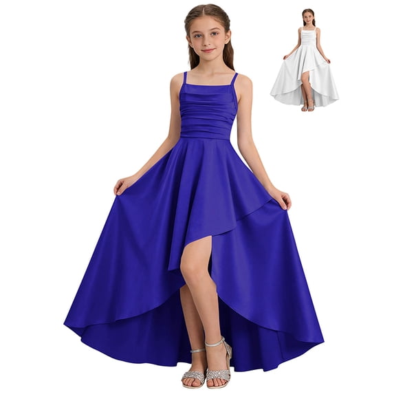 Afuyipoi Girls High Low Formal Dress Size 5-15Y Satin Spaghetti Strap Ruched Gown for Wedding Party Wear White Size 14