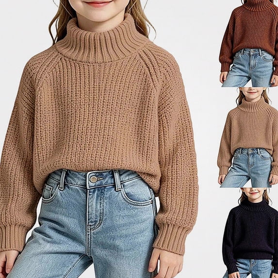 Afuyipoi Girls High Neck Pullover Sweater 100% Cotton for Kids Size 1-10Y Fall Winter Soft Everyday Wear Khaki Size 3T