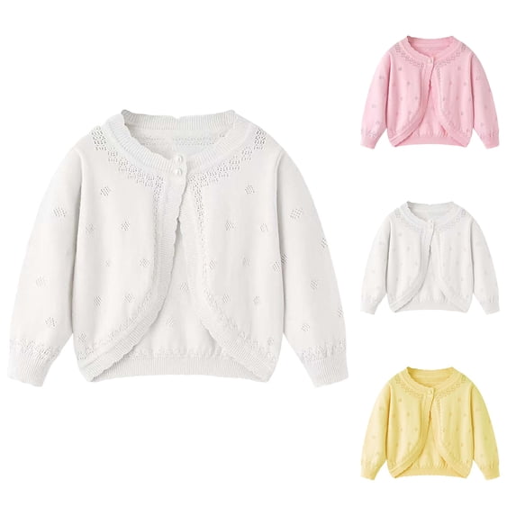Afuyipoi Girls Hollow Out Knitted Shawl Cardigan Size 3-8 Long Sleeve Round Neck Breathable Cover Up for Kids Casual Yellow Size 3T