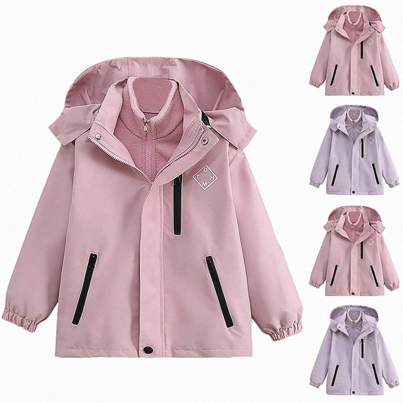 Afuyipoi Girls Hooded Jacket Waterproof Windbreaker Detachable Liner Outdoor Size 4-15 Purple Size 5T
