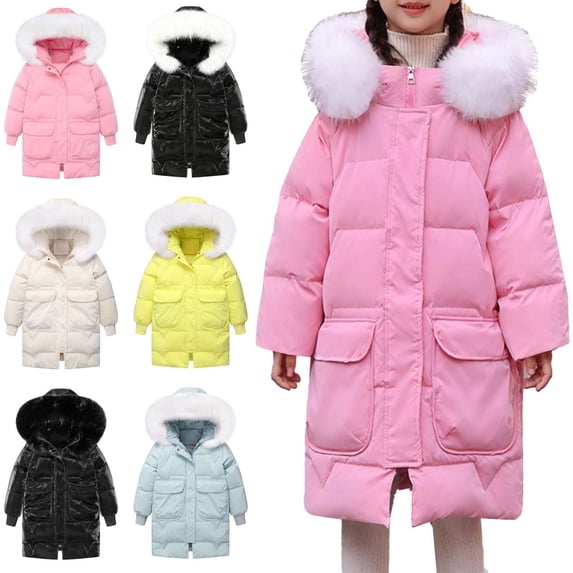 Afuyipoi Girls Hooded Puffer Coat Faux Fur Collar Thick Warm Winter Long Jacket Size 4-15 Pink Size 6