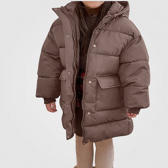 Afuyipoi Girls Hooded Puffer Coat Winter Thick Quilted Warm Windproof Long Jacket Size 3-13 Brown Size 3T