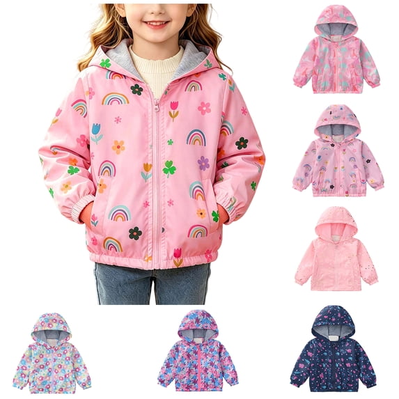 Afuyipoi Girls Hooded Windbreaker Jacket(For 1-9 Years) Cute Print Zipper Windproof Warm Coat with Pockets Toddler Kids Outdoor Play Purple Size 8