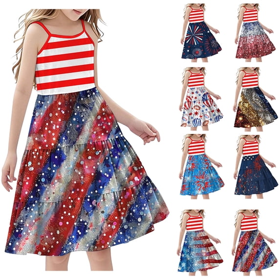 Afuyipoi Girls July 4th Dress Size 3-14Y Patriotic Tiered Birthday Party Skirt for Kids Multicolor Size 7