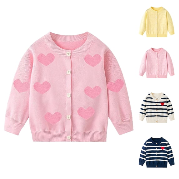 Afuyipoi Girls Knit Cardigan Size 3-8Y Heart Print Long Sleeve Round Neck Sweater for Kids Daily Casual Pink Size 5T