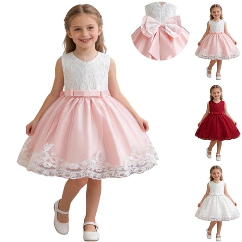 Girls Mesh Bow Princess Dress (2-8 Years) Soft Breathable Fabric Oversized Bow Back Lace Color Block Flowy Mesh Skirt Summer Birthday Party Wear Red Size 7