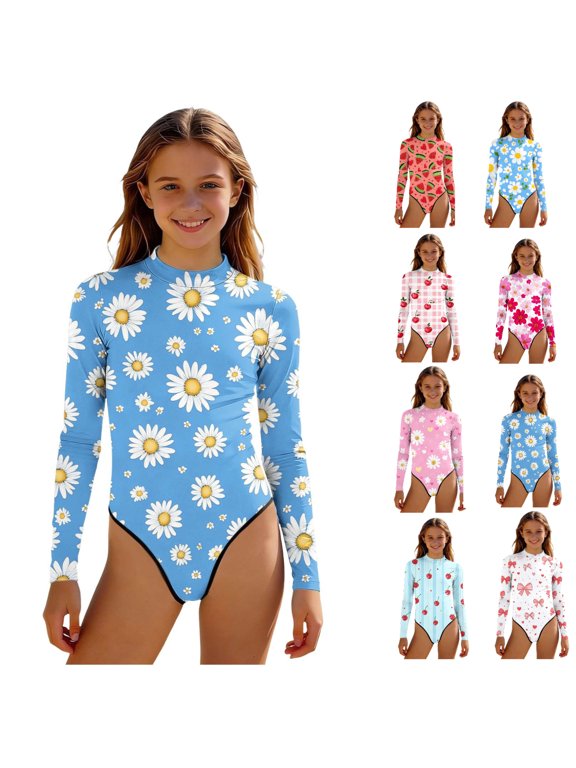Girls One Piece Swimsuit, Long Sleeve Subtle Print Sun Protective Beach Bathing Suit Black 2-3