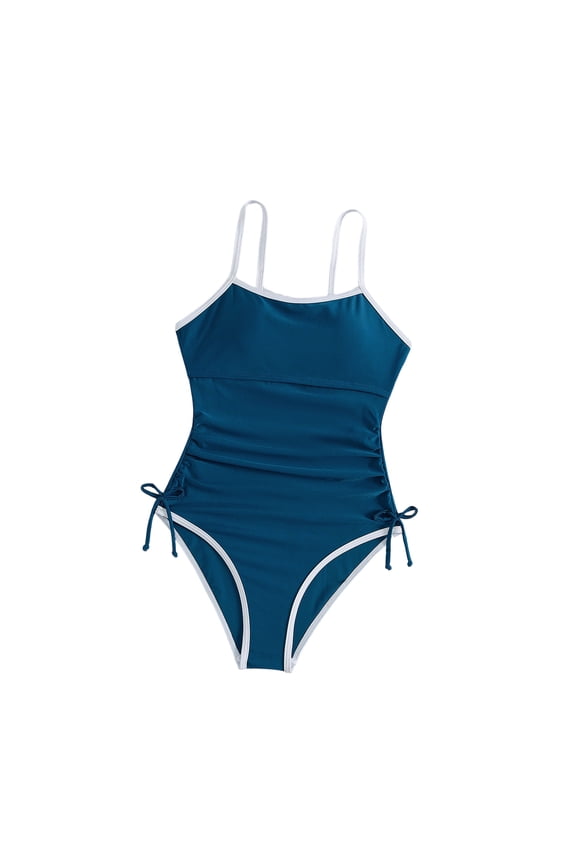 Girls One Piece Swimsuit With Padding, Adjustable Neck Colorblock Racerback Causal Bathing Suit Navy 9