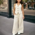 thumbnail image 1 of Afuyipoi Girls Outfit Sets Solid Color V - Neck Breathable Summer Two - Piece Sets Beige Size 7/8, 1 of 7