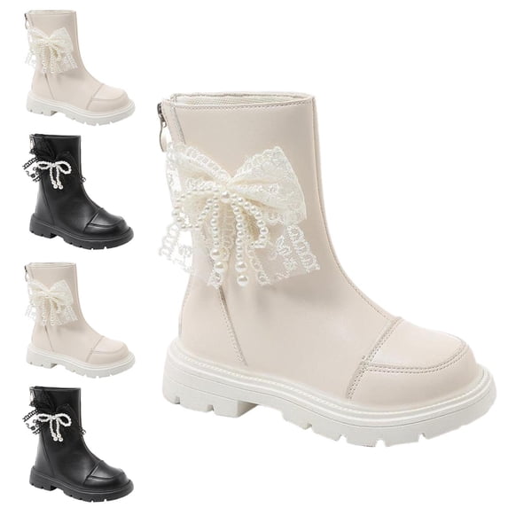 Afuyipoi Girls' Pearl Accent Faux Leather Martin Boots Bowknot Casual British Style Short Boots Size 9.5 Little Kid - 2.5 Big Kid Black Size 13.5 Little Kids