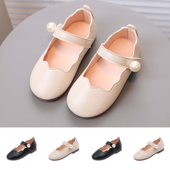 Afuyipoi Girls Pearl Mary Jane Shoes, Scalloped Trim Soft Sole Princess Flats for Wedding and Party Beige Size 7 (Little Kids)