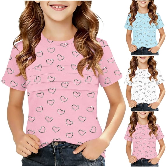 Afuyipoi Girls Pleated Tops (4-12) Cute Graphic Print T-shirts Casual Summer Pullover Tops White Size 5/6