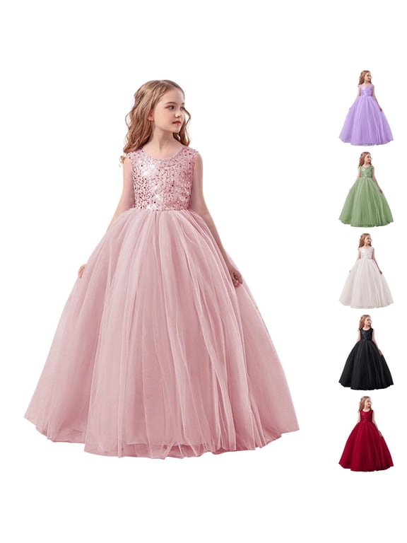 Girls Princess Ball Gown,Flower-Girl Dress Sleeveless Round-Neck Wedding-Party Puff Gown Pink 13-14