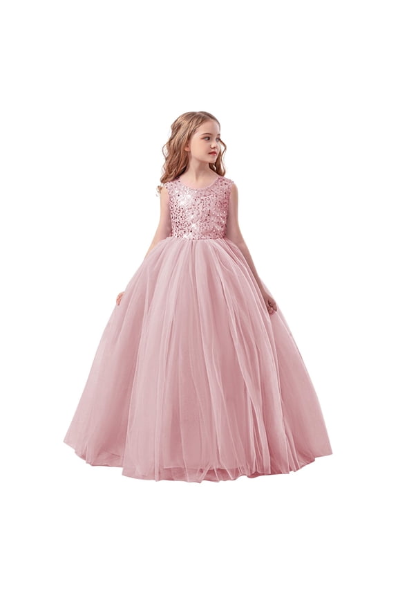 Girls Princess Ball Gown,Round-Neck Flower-Girl Dress Sleeveless Wedding-Party Puff Gown Pink 14-15
