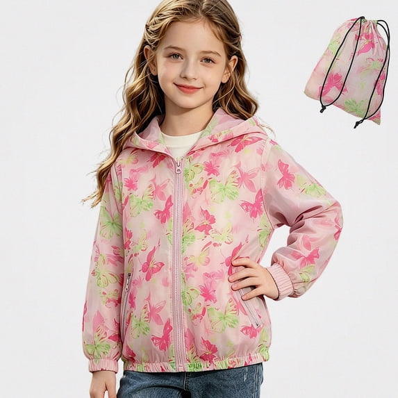 Afuyipoi Girls Print Zip Up Hooded Lightweight Windbreaker Jacket Outdoor Travel Packable Size 3-12 Pink Size 5T