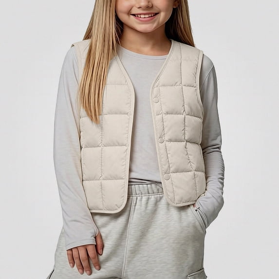 Afuyipoi Girls Quilted Vest (1-10) Sleeveless V-neck Warm Innerwear Waistcoat Beige Size 12M