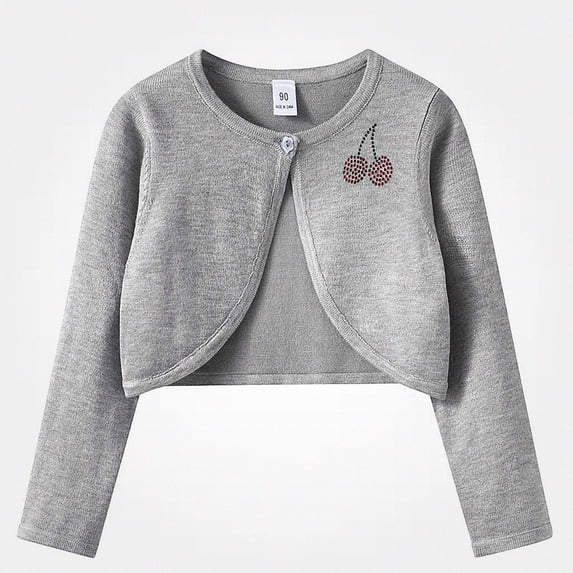 Afuyipoi Girls Rhinestone Cherry Button Front Knit Cardigan Sweater 100% Cotton Cape for Kids Size 1-13Y Fall Fashion Gray Size 2T