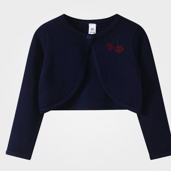 Afuyipoi Girls Rhinestone Cherry Button Front Knit Cardigan Sweater 100% Cotton Cape for Kids Size 1-13Y Fall Fashion Navy Size 7