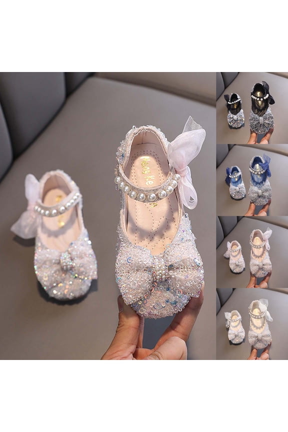 ​Girls Rhinestone Pearl Mary Jane Flats, Bling Sequin Princess Sandals, Sparkly Flower Girl Wedding Party Shoes Blue Size 13 (Little Kids)