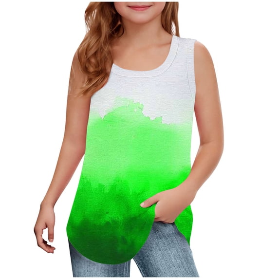 Afuyipoi Girls Ribbed Tank Tops,Sleeveless Printed Square Neck Summer Top Green 7-8