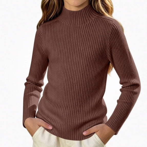 Afuyipoi Girls Ribbed Turtleneck Pullover Sweater 100% Cotton for Kids Size 0-12Y Fall Winter School Layering Coffee Size 3T