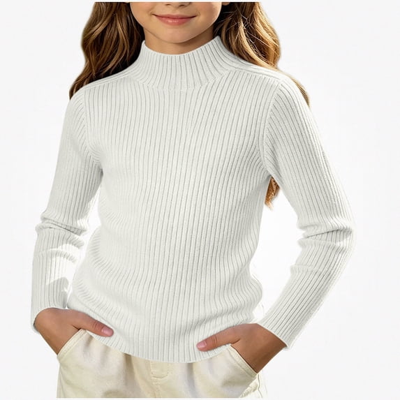 Afuyipoi Girls Ribbed Turtleneck Pullover Sweater 100% Cotton for Kids Size 0-12Y Fall Winter School Layering White Size 6