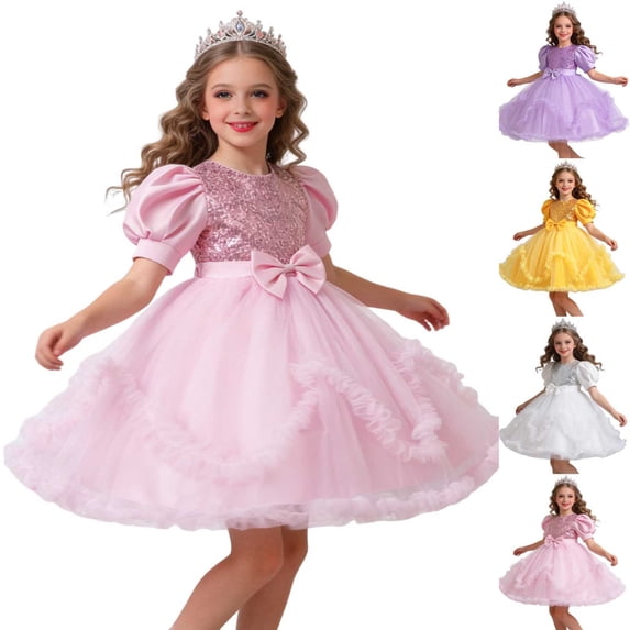 Afuyipoi Girls Sequins Puff Sleeve Tulle Dress (2-11 Years) Summer Round Neck Mesh Bowknot Princess Party Gown for Flower Girl White 9/10