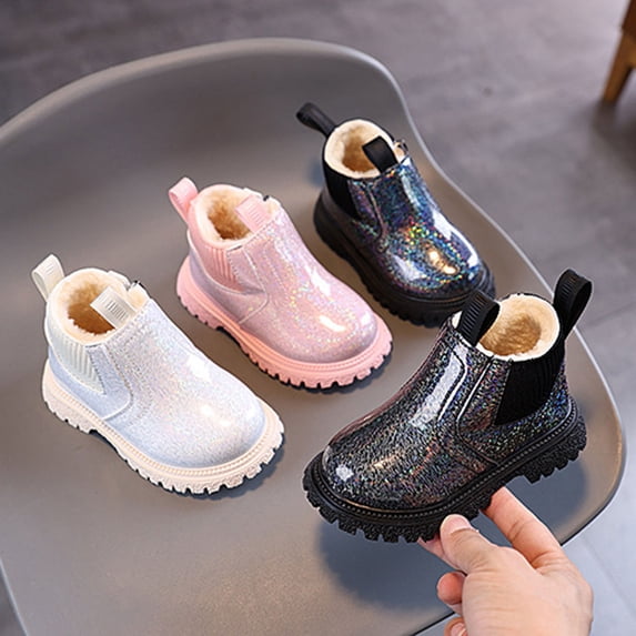 Afuyipoi Girls' Shiny Patent Leather Winter Snow Boots Cozy Fleece Lined Side Zipper Flat Ankle Boots for Toddlers Kids Size 6.5 Toddler - 12.5 Little Kids Black Size 6 Toddler