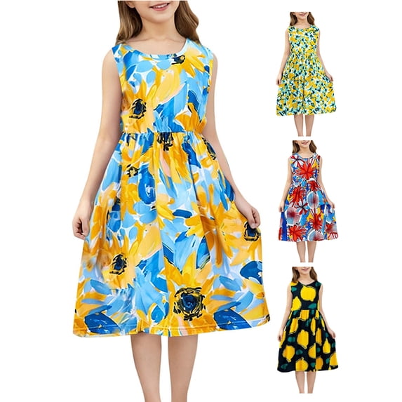Afuyipoi Girls Sleeveless Casual Dress Size 2-11Y Sunflower Print Lightweight Skirt for Summer Beach Picnic Sky Blue Size 8