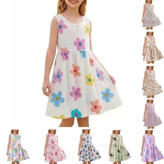 Afuyipoi Girls Sleeveless Dress Size 1-11Y Puppy Printed Summer Cotton Loose A-Line Sundress for Kids Beach Vacation Multicolor Size 2T