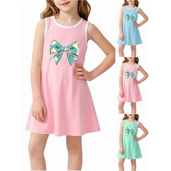 Afuyipoi Girls Sleeveless Dress Size 2-8Y Bow Printed Summer Contrast Trim A-Line Sundress for Kids Daily Wear Blue Size 6