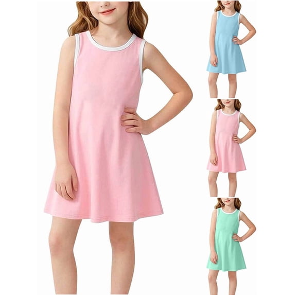 Afuyipoi Girls Sleeveless Dress Size 2-8Y Solid Color Summer Contrast Trim A-Line Sundress for Kids Daily Wear Blue Size 2T