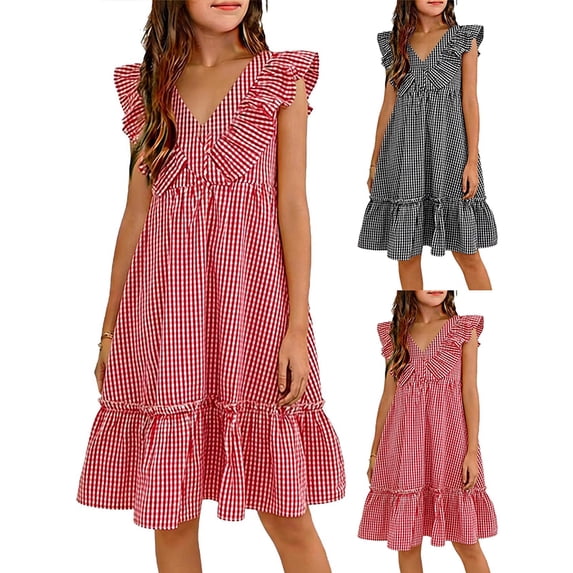 Afuyipoi Girls Sleeveless Dress Size 3-13 Plaid V-Neck Summer Sundress for Kids Casual Daily Wear Black Size 11