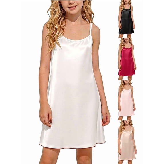 Afuyipoi Girls Sleeveless Dress Size 5-14 Ice Sick Solid Color Summer Spaghetti Strap Homewear for Kids Beige Size 7