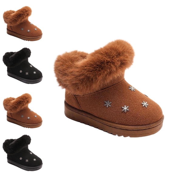 Afuyipoi Girls' Snowflake Embroidered Snow Boots Warm Fleece Lined Comfort Winter Ankle Shoes Size 8 Toddler - 3.5 Big Kid Brown Size 10 Little Kids
