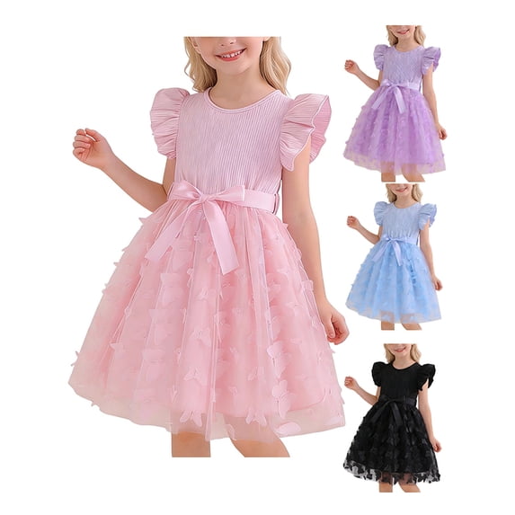 Afuyipoi Girls Solid Color Sundress (3-10 Years) Soft Breathable Fabric Butterfly Mesh Design Princess Party Style Summer Casual & Dress Up Wear for Events & Play Black Size 6