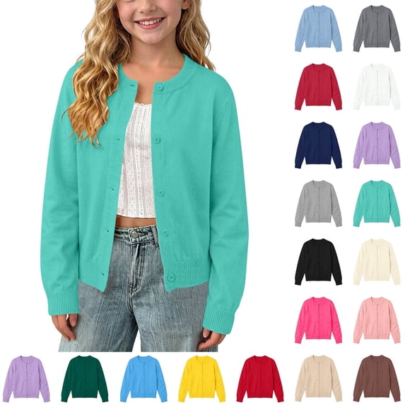 Afuyipoi Girls Solid Knit Cardigan Size 1-11 Long Sleeve Round Neck Button Down Sweater for Kids School Casual Mint Green Size 4T