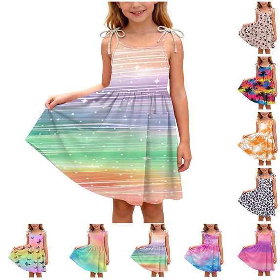 Afuyipoi Girls Spaghetti Strap Dress Size 2-12Y Floral Print Tiered Sundress with Pockets for Kids Summer Vacation White Size 9