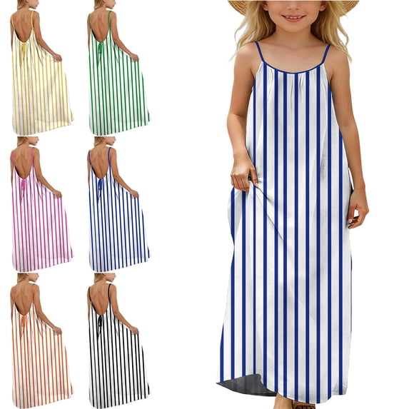Afuyipoi Girls Spaghetti Strap Dress Size 5-14Y Stripe Print Back Drawstring Loose Maxi Sundress for Kids Casual Wear Blue Size 7