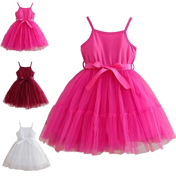 Afuyipoi Girls Spaghetti Strap Mesh Dress Size 3-10Y Solid Color Princess Skirt with Belt for Kids Party Red Size 7