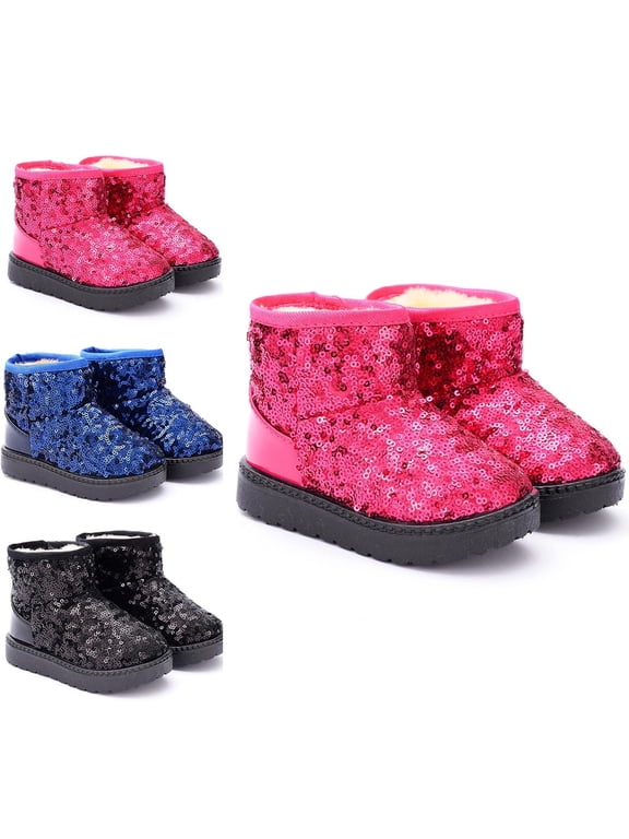 Girls' Sparkly Sequined Winter Snow Boots Warm Plush Lined Weatherproof Ankle Boots for Kids Size 5.5 Toddler - 4 Big Kids Blue Size 7 Toddler