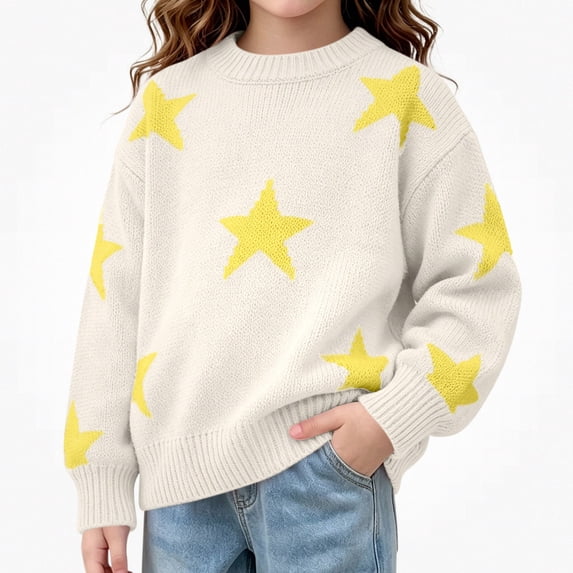 Afuyipoi Girls Star Jacquard Knit Pullover Sweater for Kids Size 6-12Y Fall Winter Soft Casual Outfit White Size 6