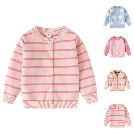 Afuyipoi Girls Striped Knit Cardigan Size 1-8Y Long Sleeve Round Neck Sweater for Kids Daily Casual Pink Size 5T