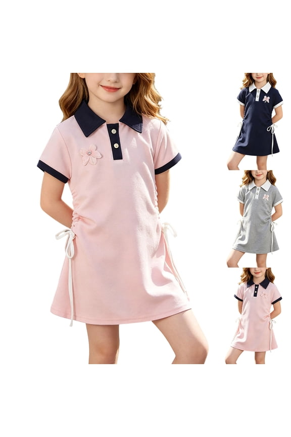 Girls Student Style Polo Dress (12M-13Y) Summer Short Sleeve Lapel A-Line Skirt with Side Drawstring for School Navy 2T