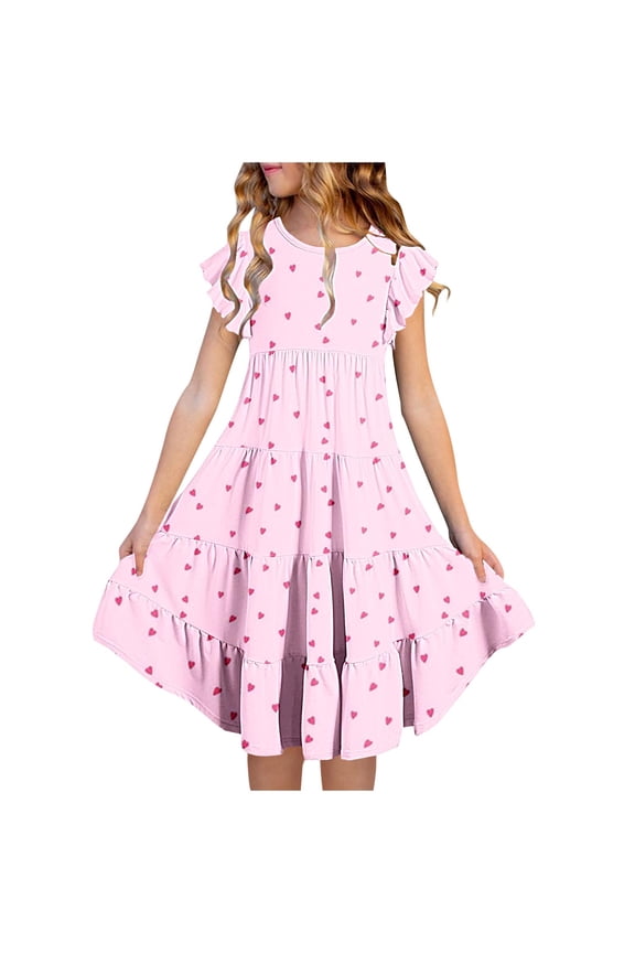 Girls Summer Dress,Casual Lightweight Heart Print Elastic Waist A-Line Dress Pink 14-15
